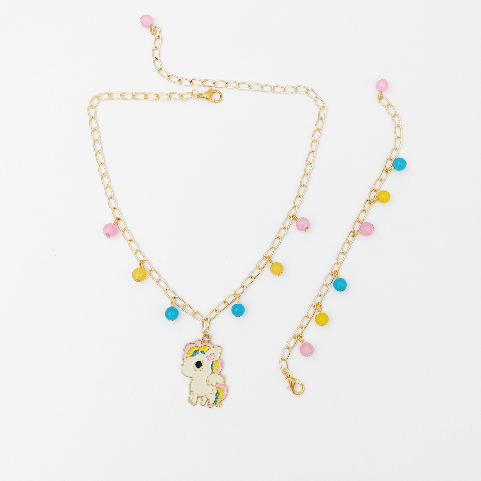 Pony Enameled Charm Necklace & Beaded Bracelet Set Pink, Yellow, Blue