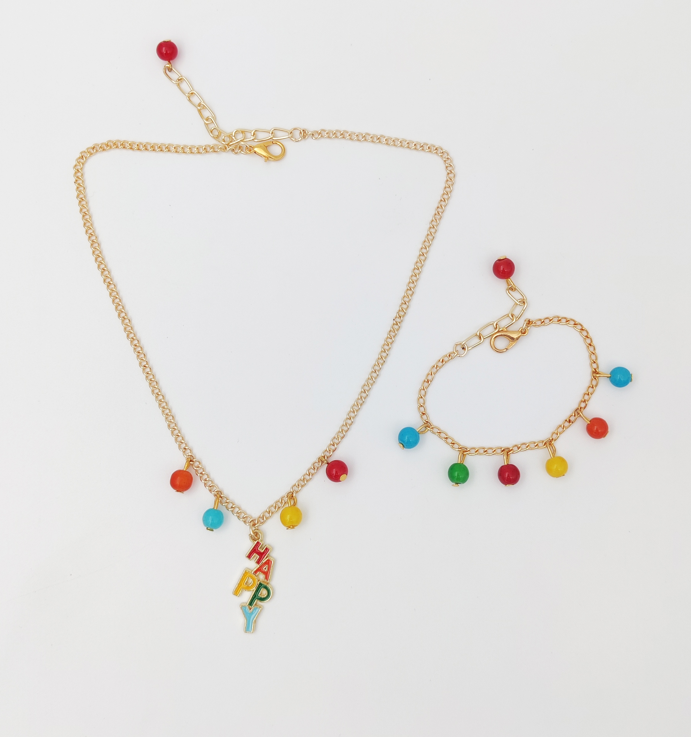 Happy Enameled Charm Necklace & Beaded Bracelet Set, Red, Yellow, Blue
