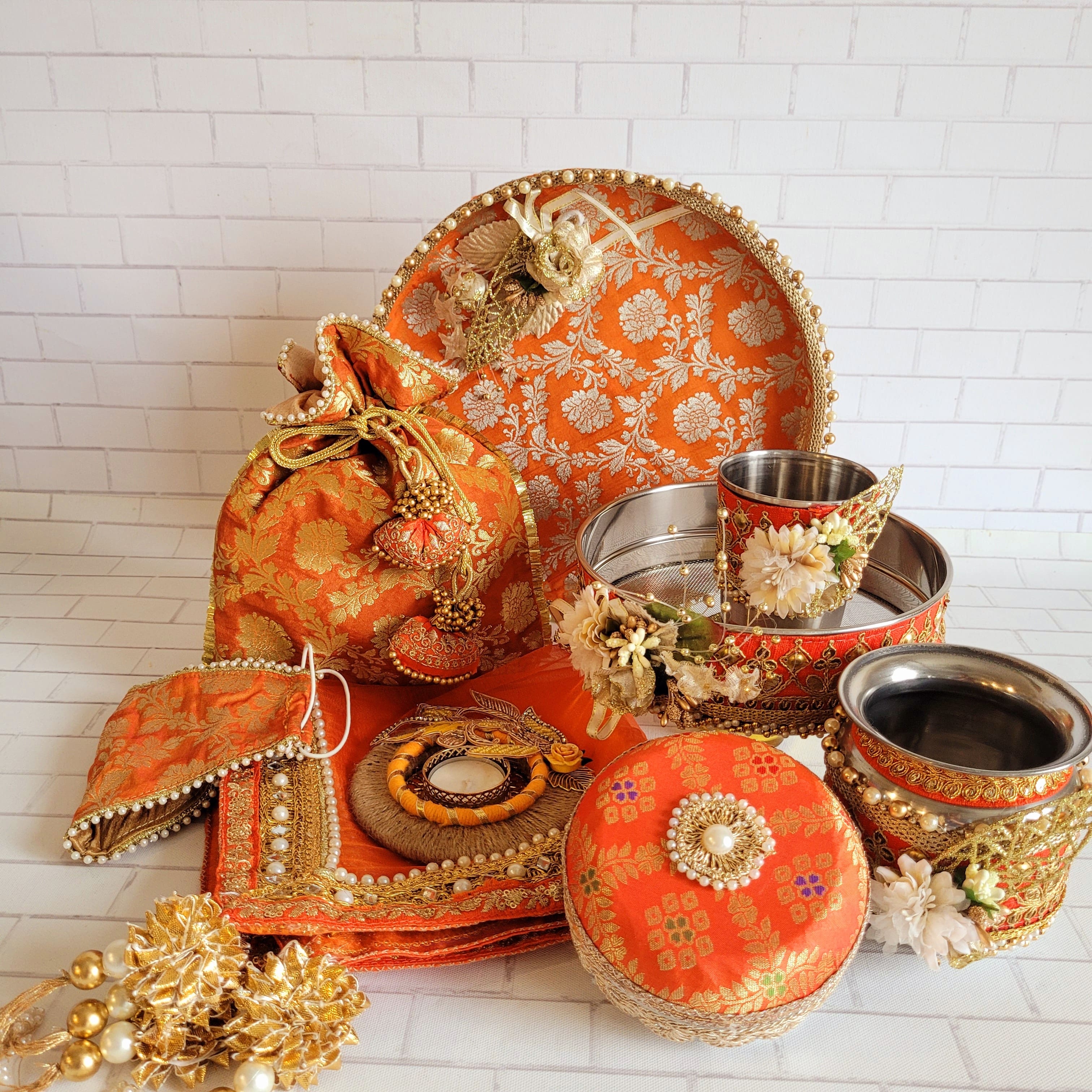 Orange & Gold Floral Brocade Karva Chauth Thali Set 