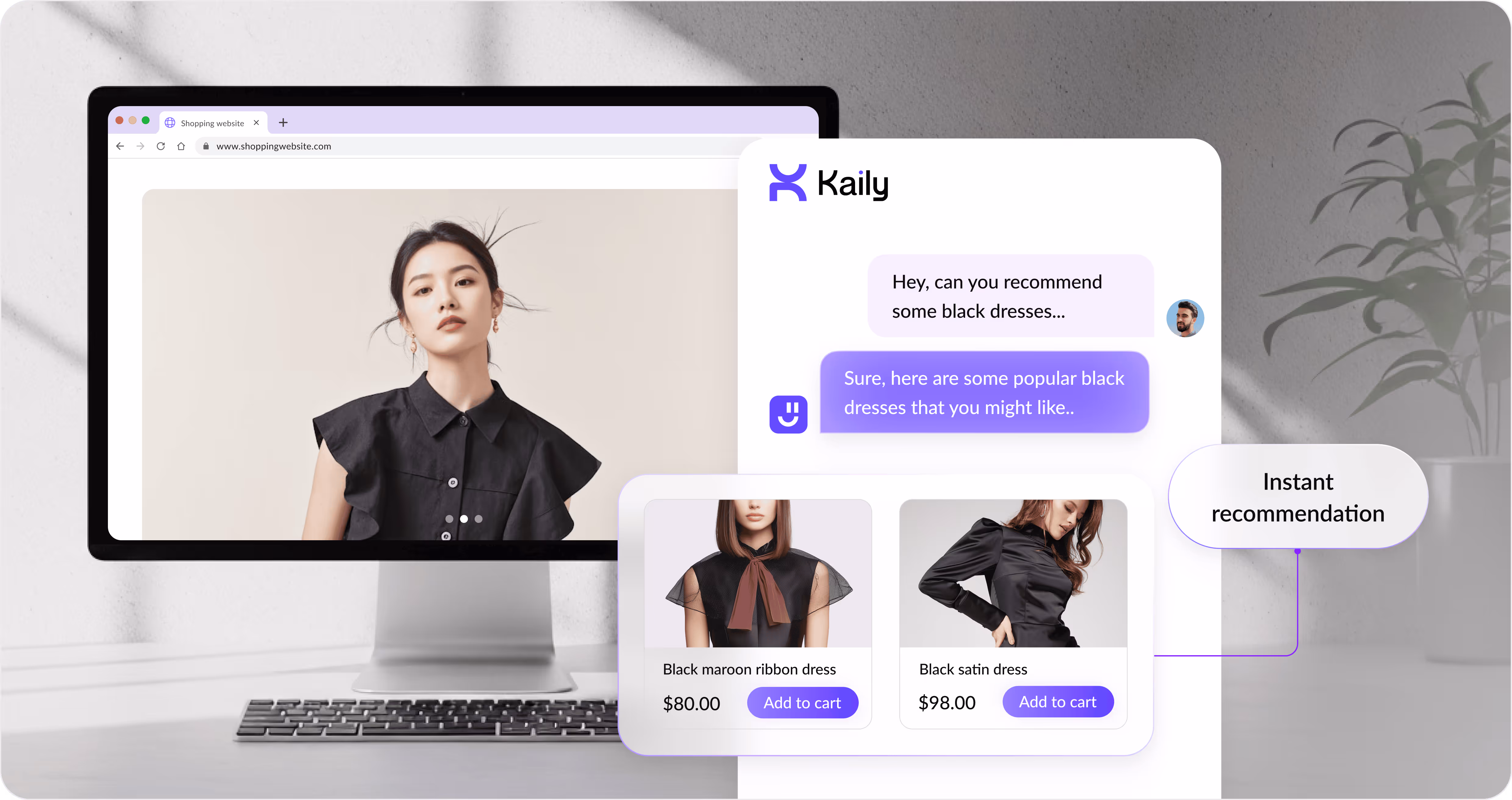 Image of a shopper with chat messages and AI assistance