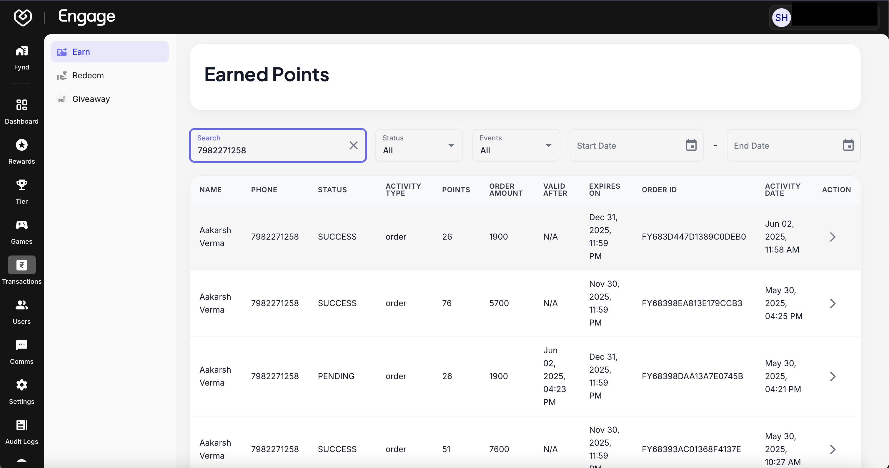 Search Transactions