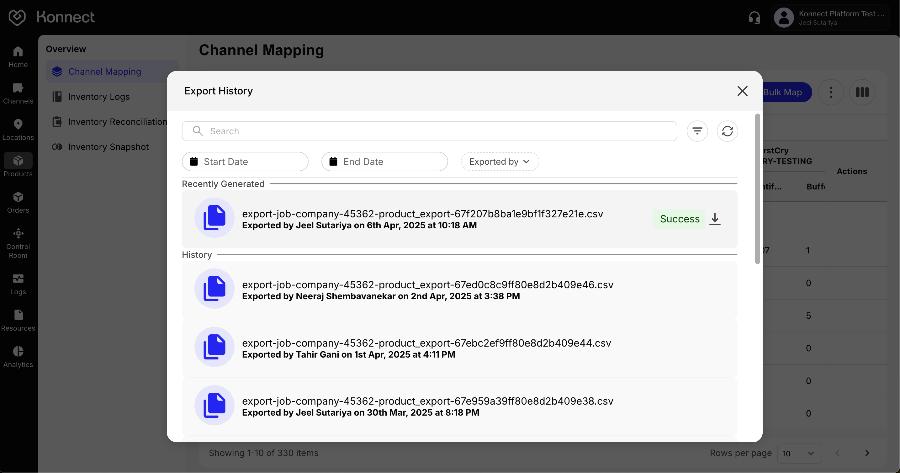 Channel Mapping Export History