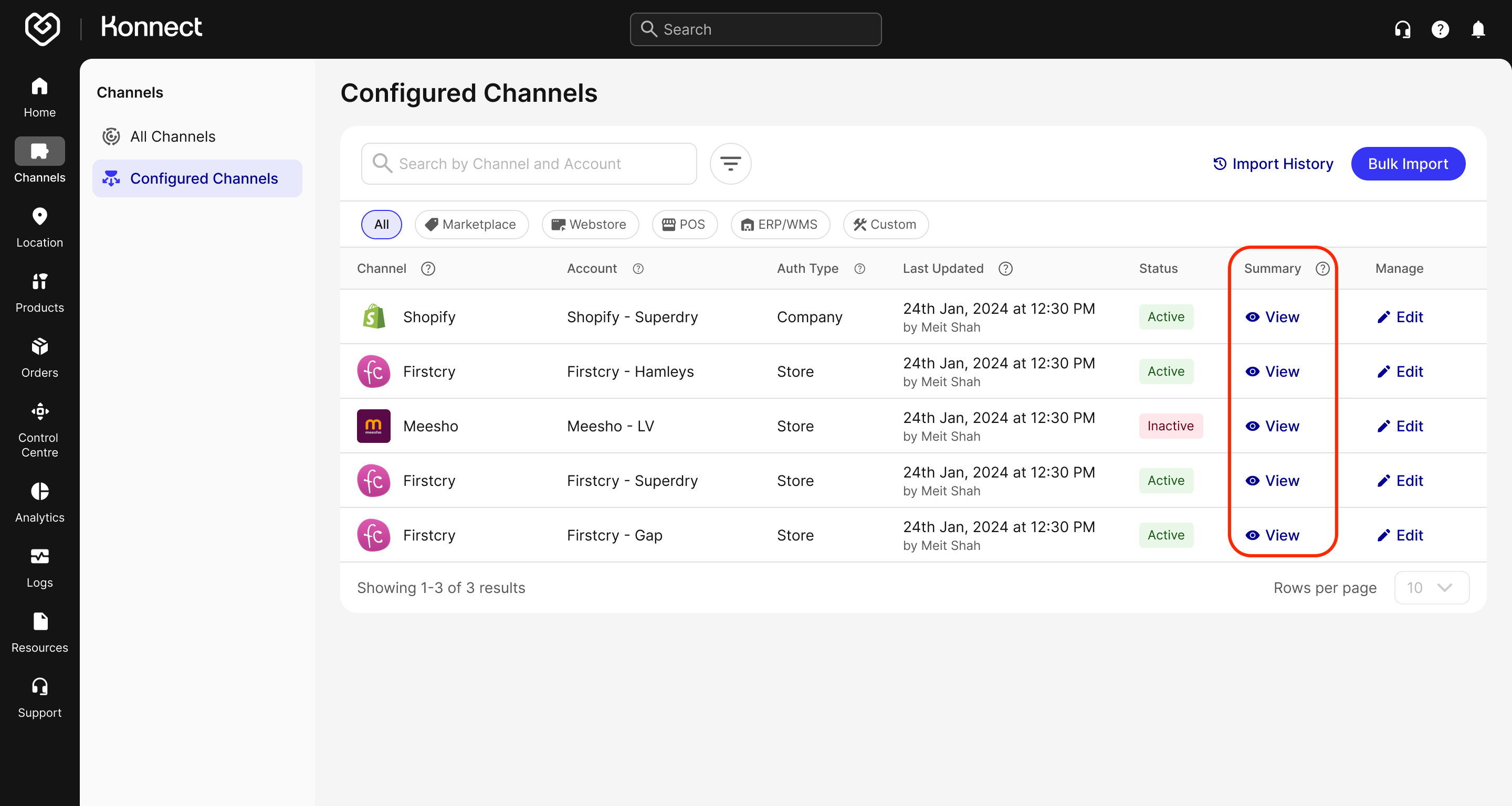 Configured Channels - Channel Summary Overview
