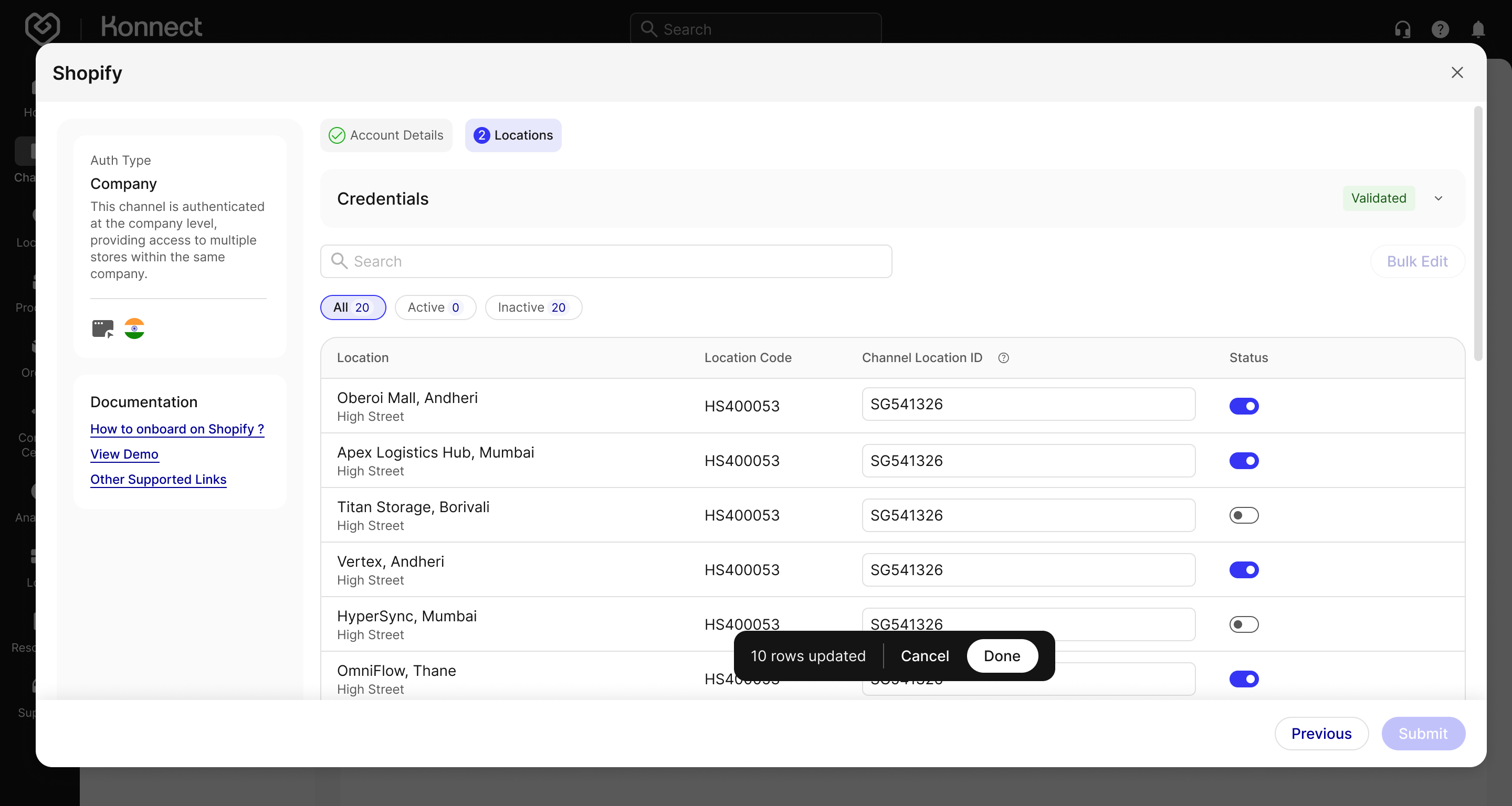 Edit Configured Channel - Locations Status