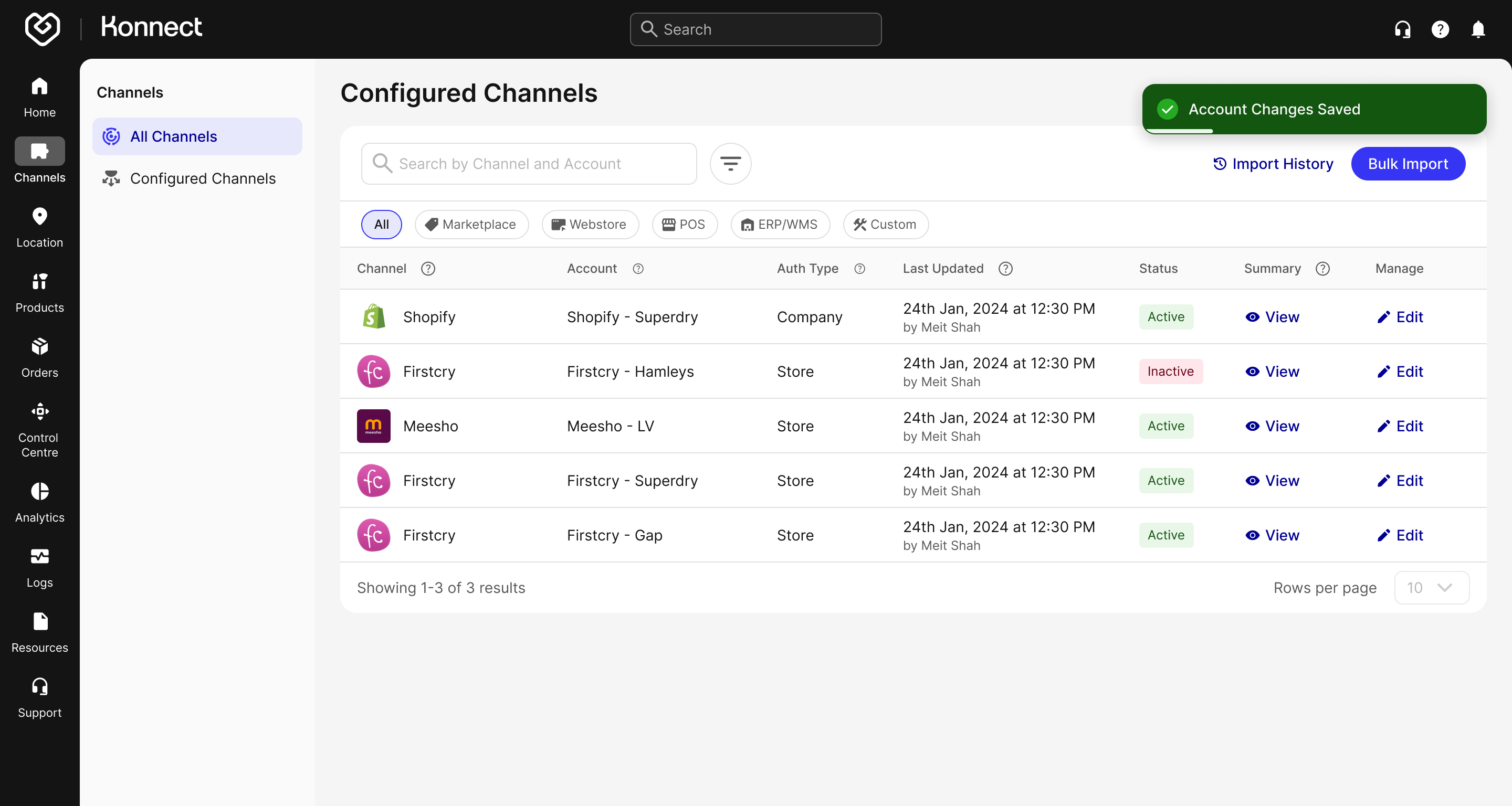Edit Configured Channel - Locations Status