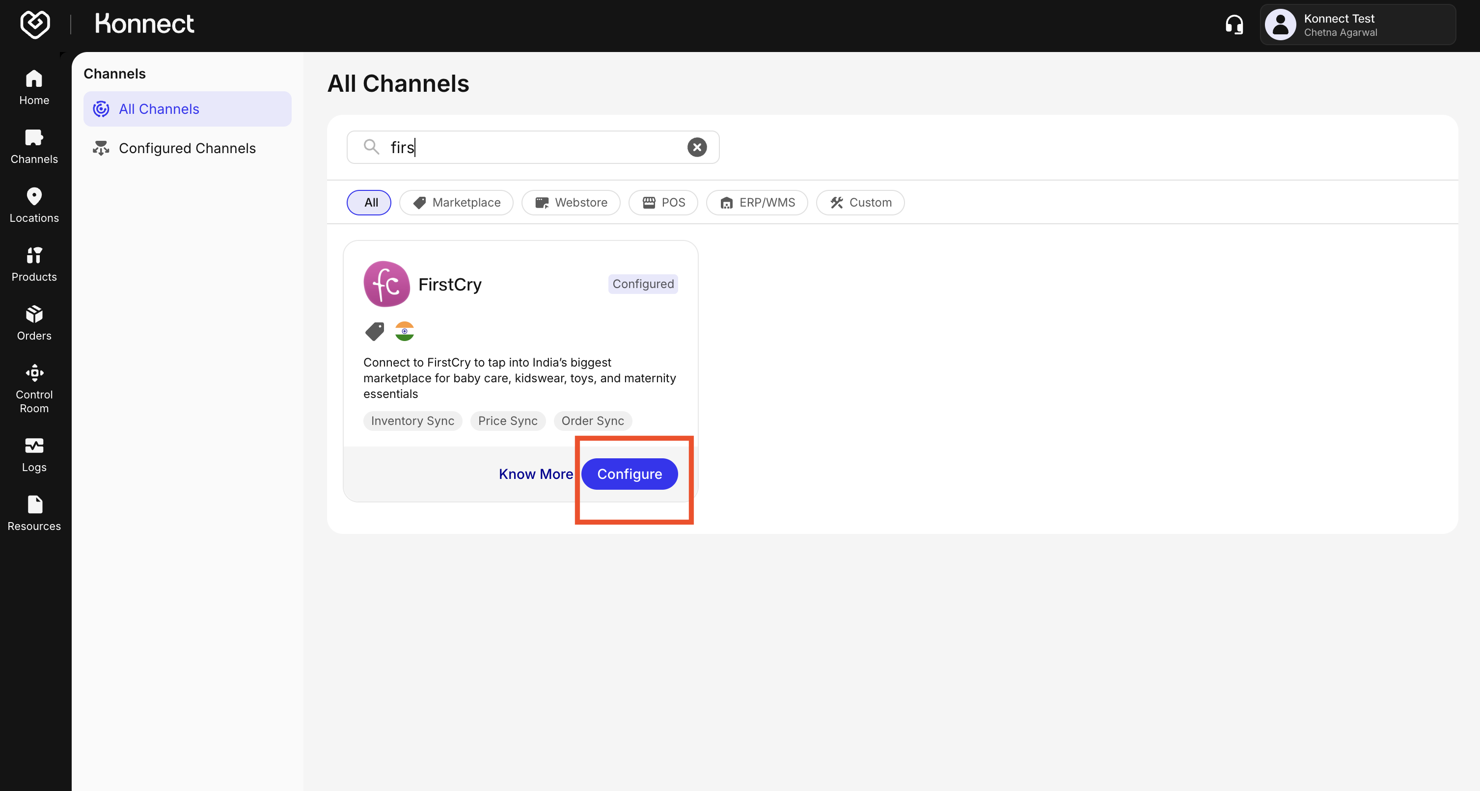 Configure FirstCry channel button