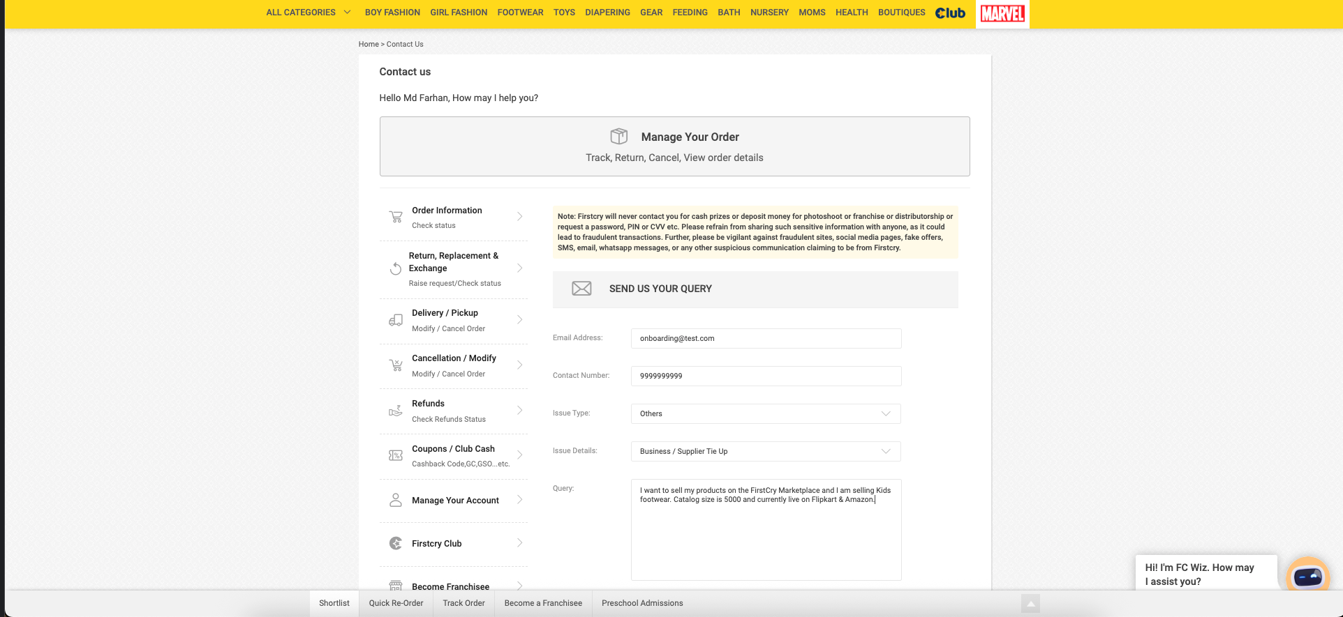 Send FirstCry Business Query