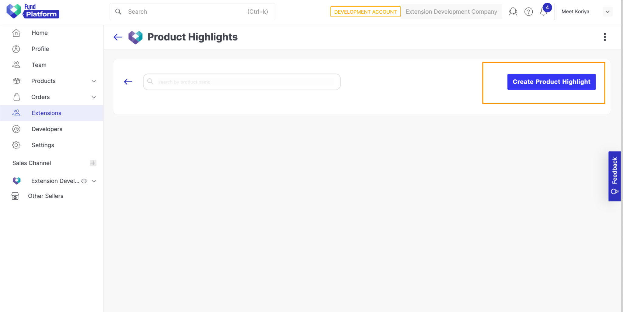 click on create product highlight button