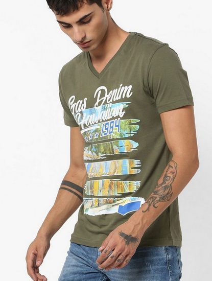 Men's Arkell/s printed v-neck green t-shirt