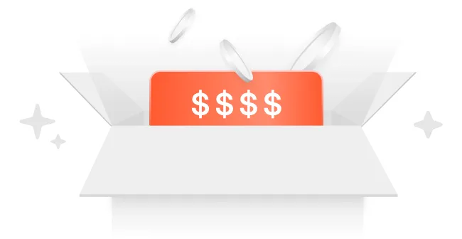 Open box with floating coins and dollar symbols
