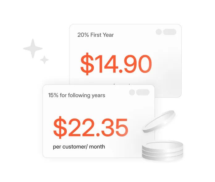 Price tags showing commission rates with coin stack