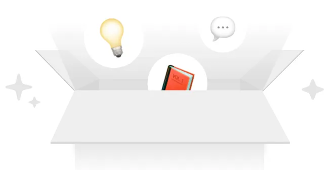 Open box with lightbulb, book, and chat icon
