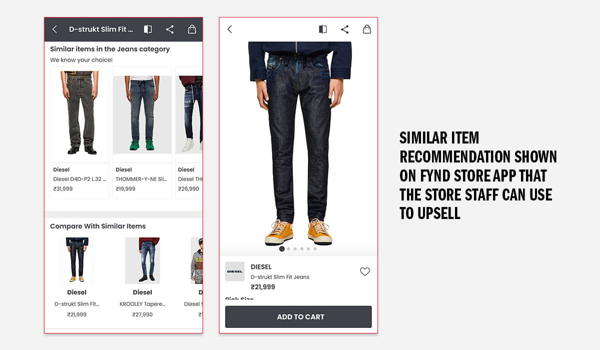 Screenshots of Diesel app PLP and PDP pages. Showing similar item recommendations on the Fynd Store app.