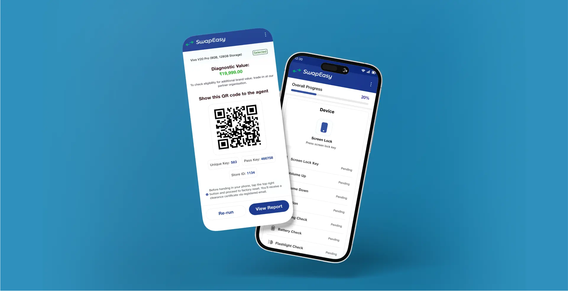 Two phone screens showing the SwapEasy diagnostic app—left displays a QR code and instant diagnostic value; right lists device checks (screen, buttons, charging, battery, flashlight) with progress.
