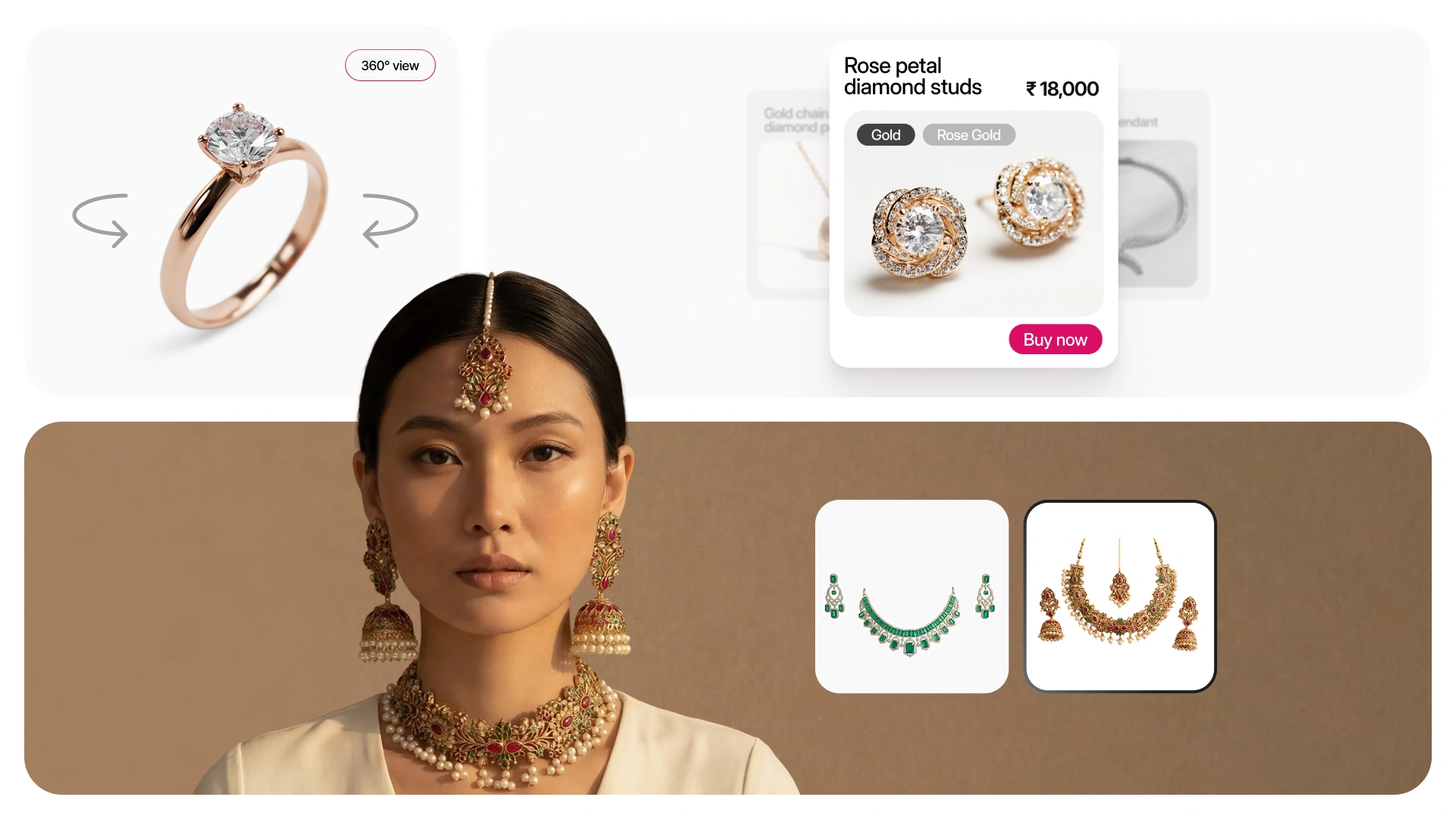 A model wearing traditional jewelry alongside UI cards showing 3D product views.