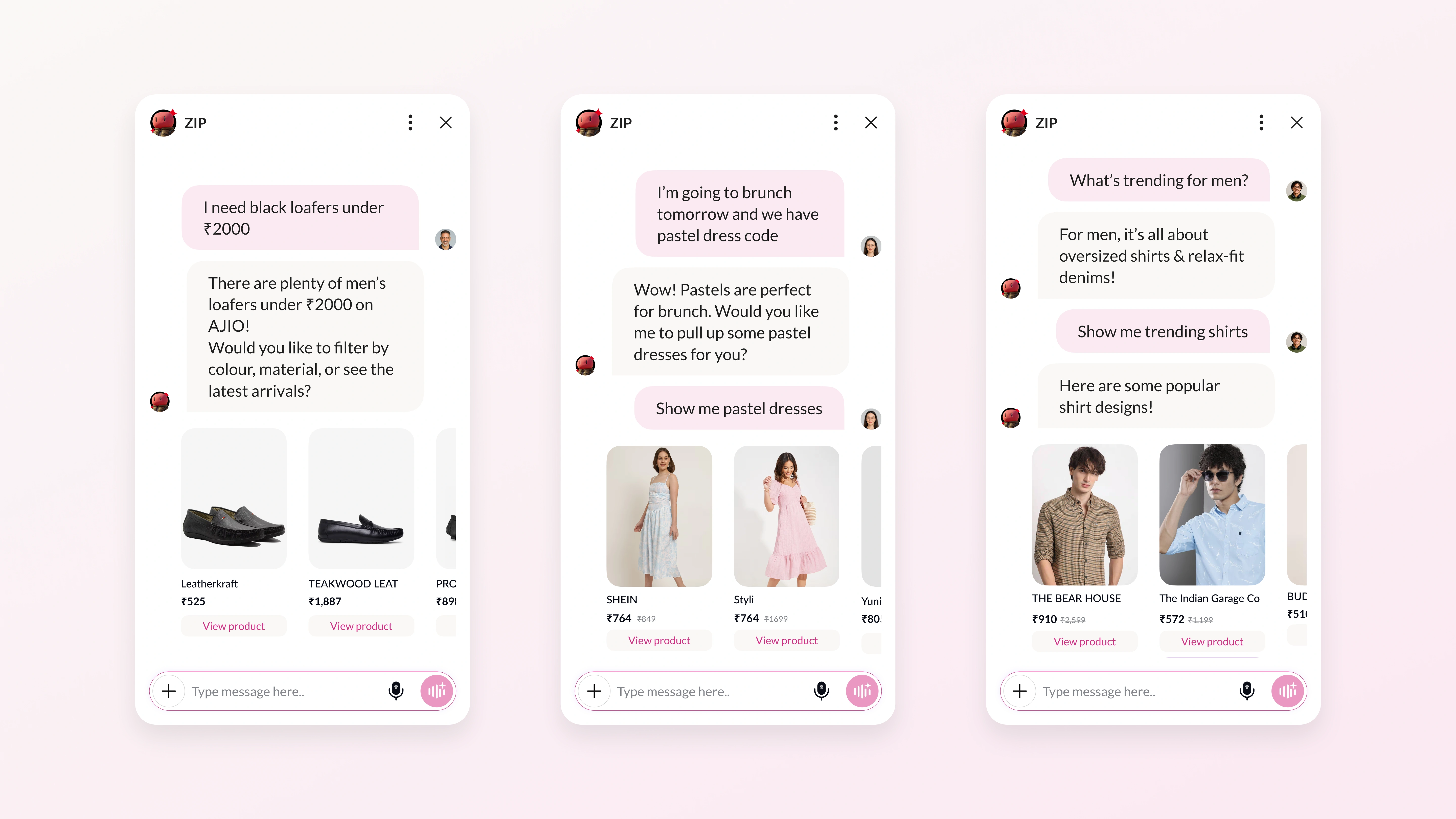 An image showing Fynd Zip helping with searching products with recommendation and intelligent shopping experience