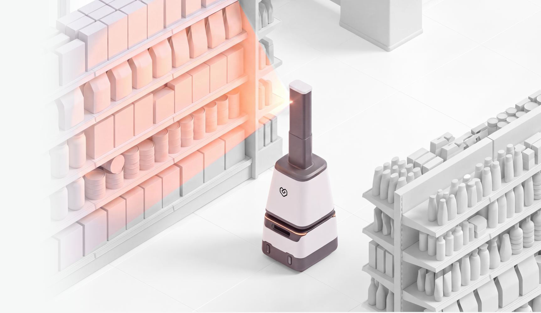 AutRi autonomous shelf-scanning robot scanning a grocery aisle, with AI scan beams highlighting shelf products