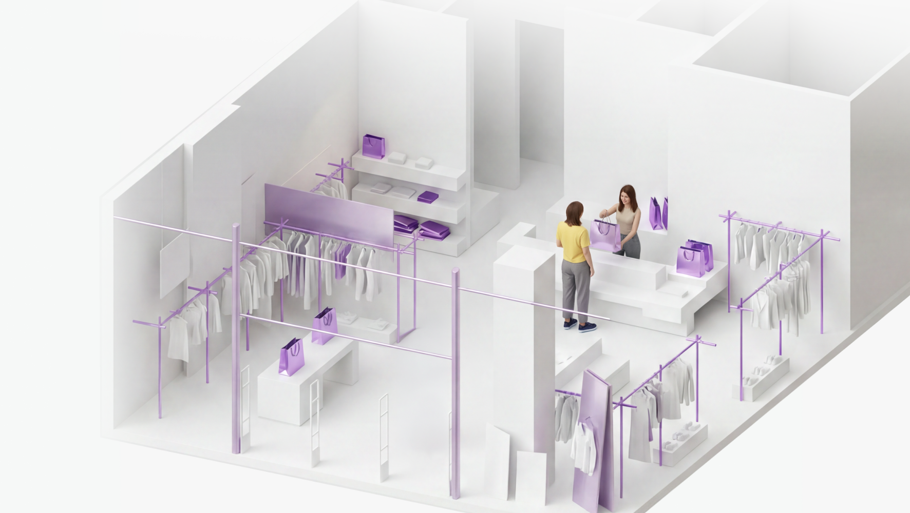 Isometric render of a retail store checkout, with staff assisting a customer amid clothing racks and shopping bags