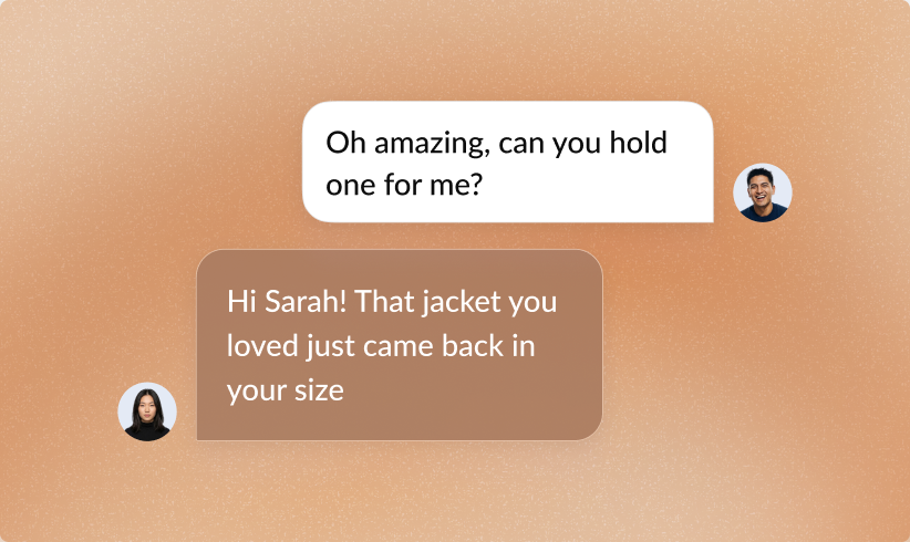 WhatsApp-style chat showing a store associate telling a customer their favorite jacket is back in stock