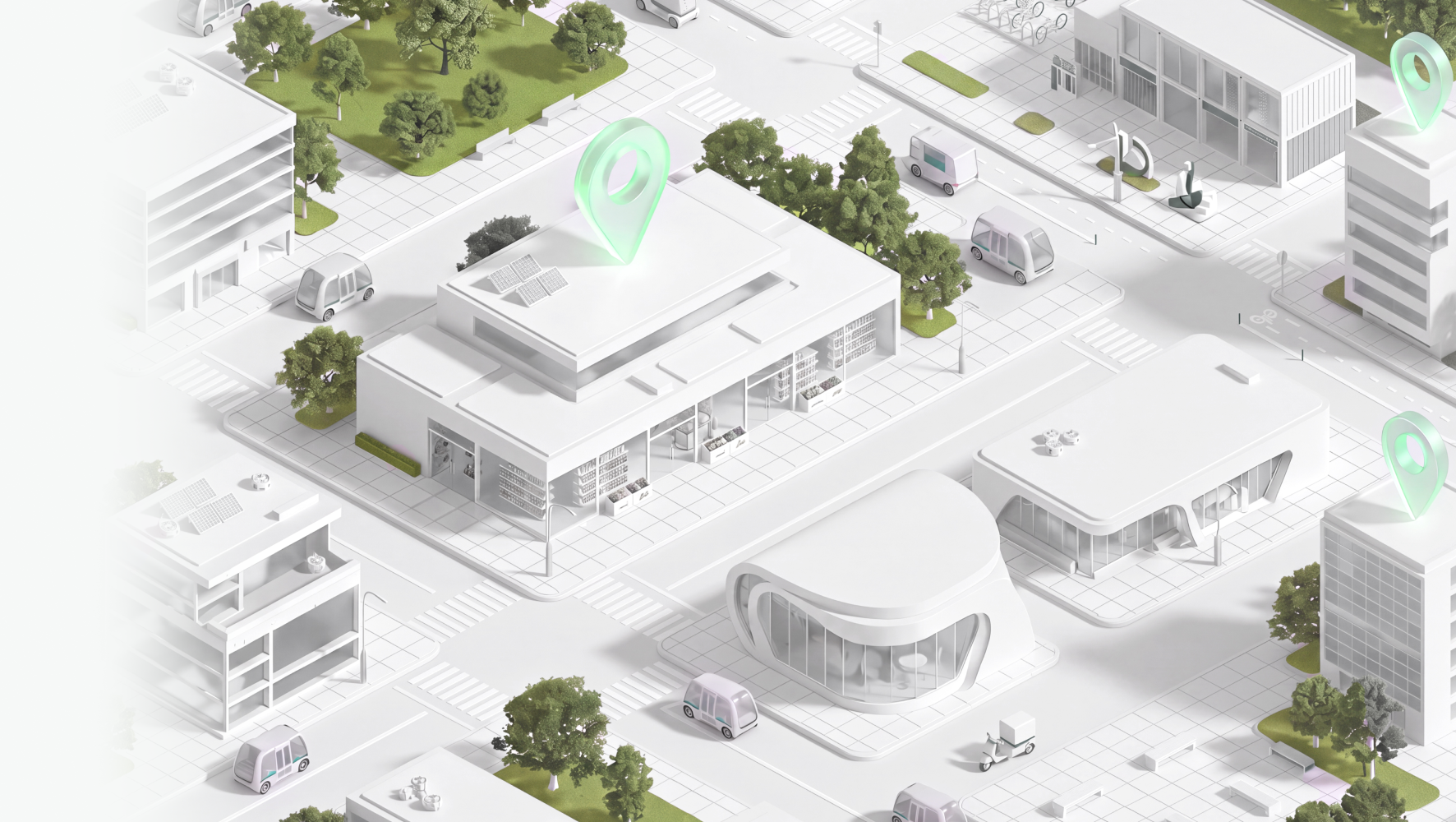 Isometric render of a smart city catchment with geospatial location markers over stores, streets and autonomous vehicles