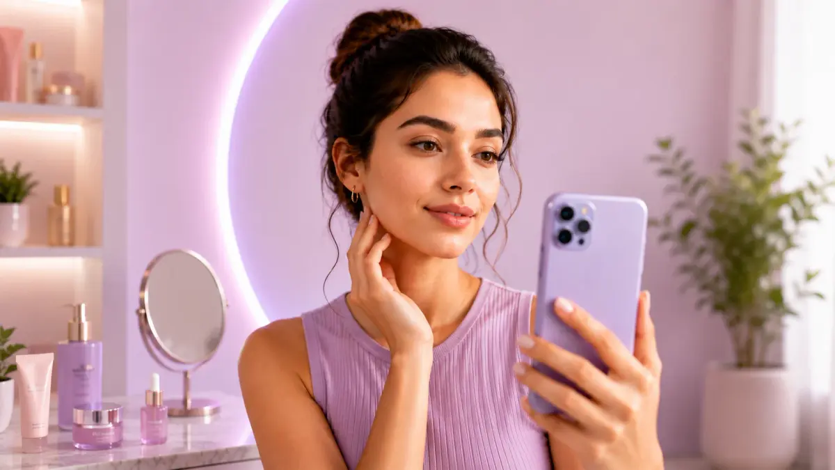 A customer testing her skin health using an AI skin analysis tool on her smartphone