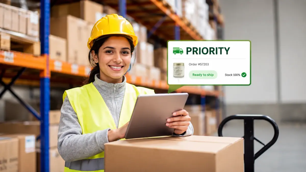 An image showing an employee handing orders surges 