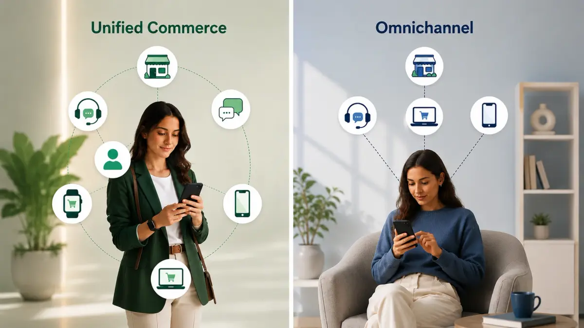 An image showing a comparison between unified commerce and omnichannel 