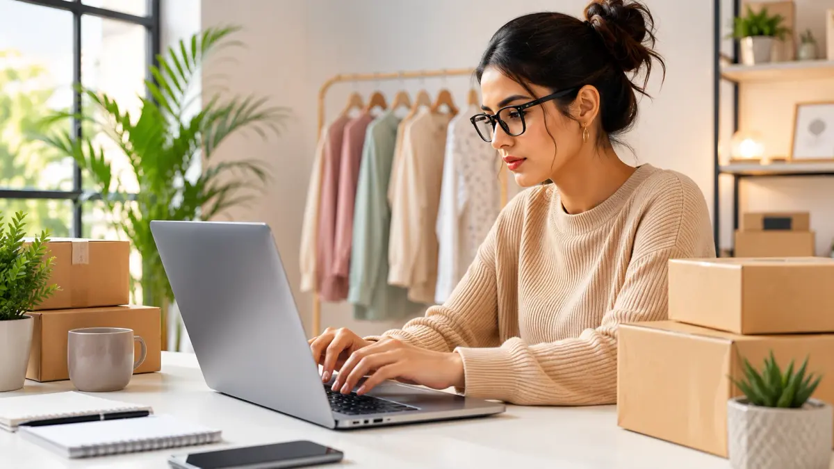 An image showing a businesswomen working on the brand's storefront to manage marketplaces 