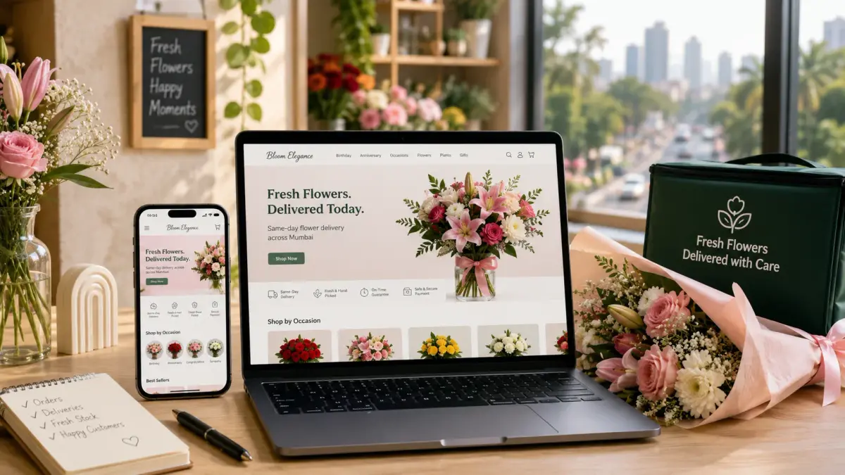 A laptop depicting a flower delivery business' quick commerce website powered by Fynd Quick Commerce 