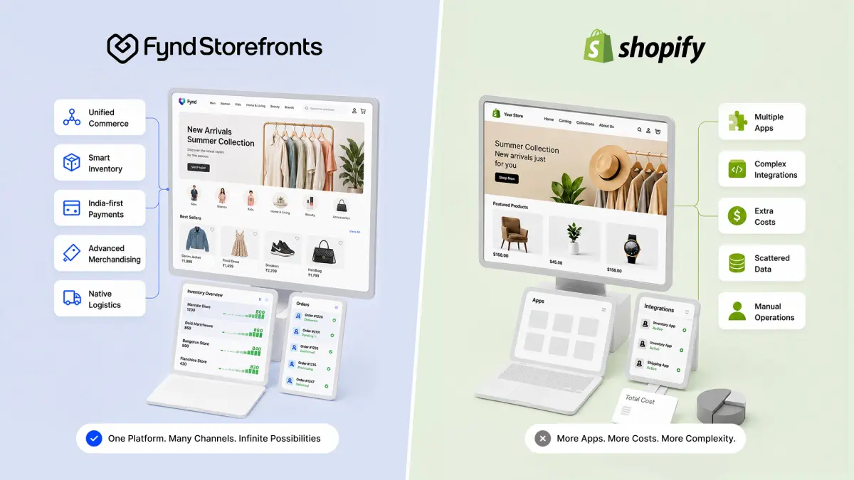 Fynd Storefronts as a Shopify alternative for Indian brands, featuring unified commerce, smart inventory management, India-first payments, advanced merchandising, and native logistics.