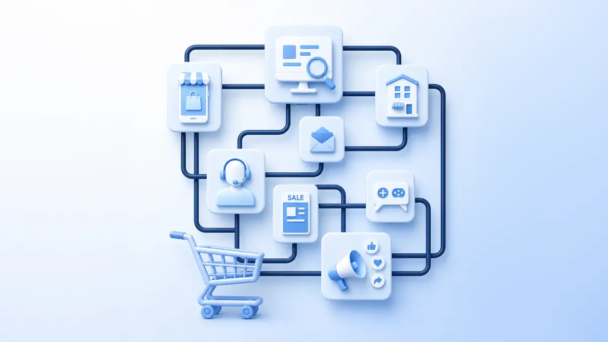 E-commerce management system illustration showing order management, inventory, customer support, marketing, and sales channels connected through a unified operations platform.