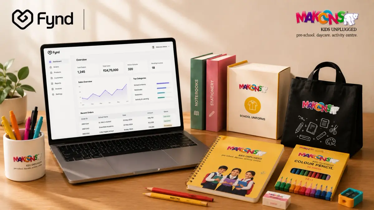 Fynd B2B commerce platform powering Makoons with a self-serve ordering portal for school uniforms, stationery, warehouse management and business operations.