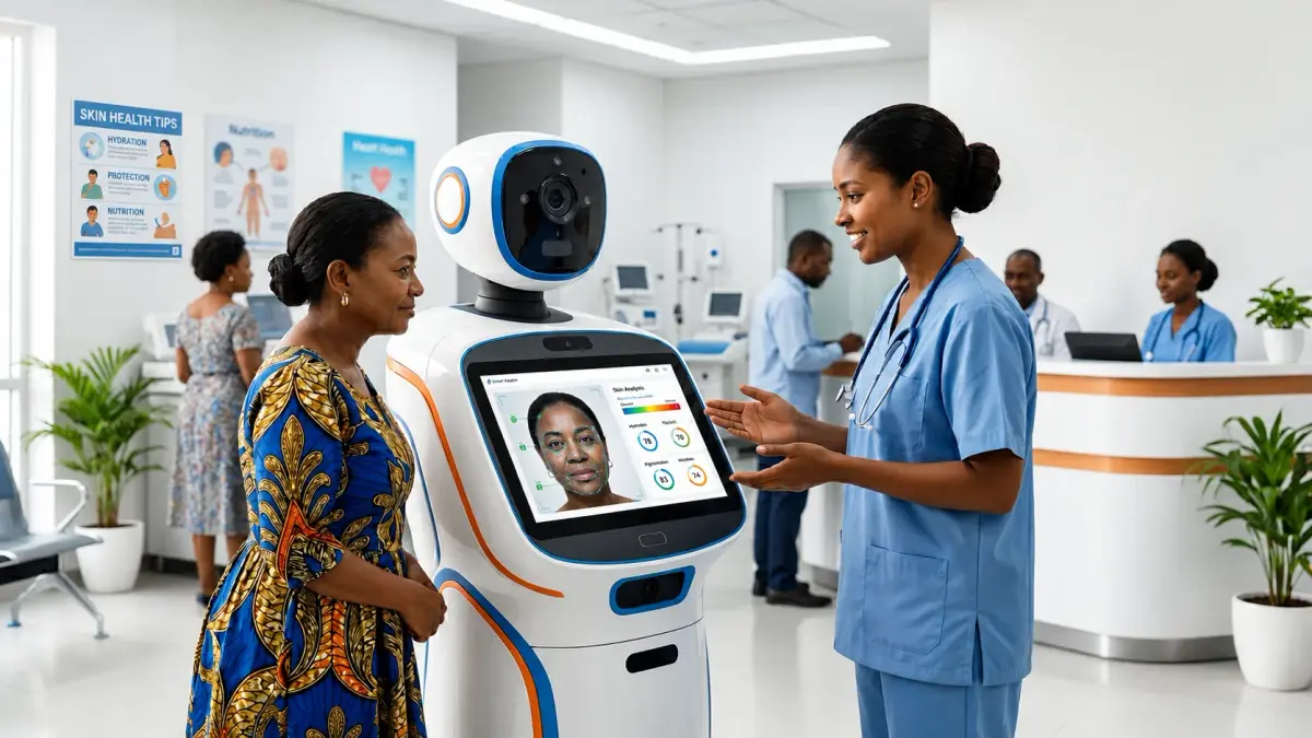 A healthcare professional demonstrates an AI-powered skin analysis kiosk to a patient in a modern clinic, while the smart device displays facial skin assessment results on an interactive touchscreen.