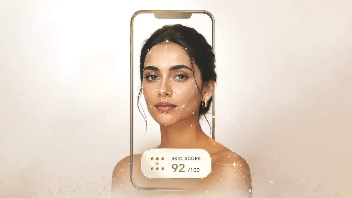 AI-powered skin analysis on a smartphone showing facial mapping and a skin score for personalized skincare recommendations