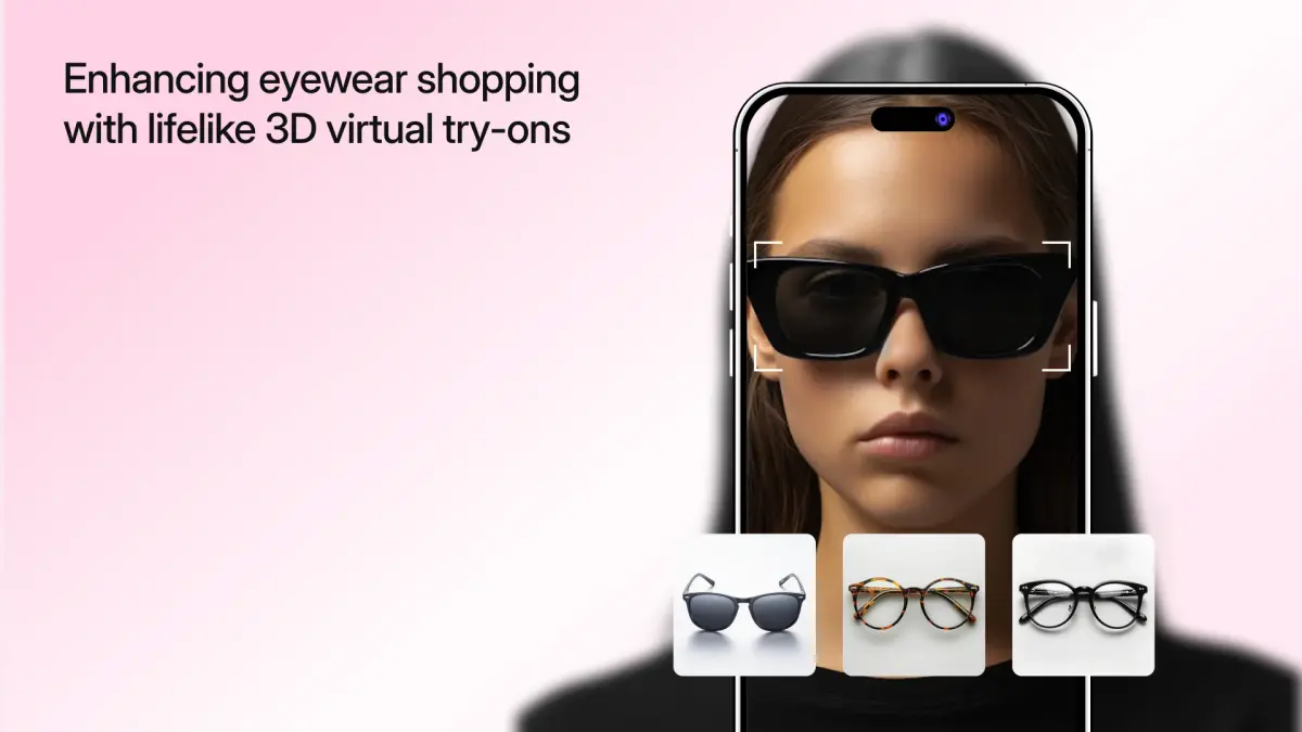 A smartphone demonstrating a realistic 3D virtual eyewear try-on, allowing users to visualize glasses on their face.