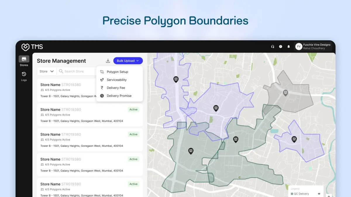 Fynd TMS interface showing a map with rtreet-level accuracy replacing broad pin-code zones, Custom polygon boundaries for each store location, Automatic optimal store assignment based on exact customer coordinates, Zero service gaps