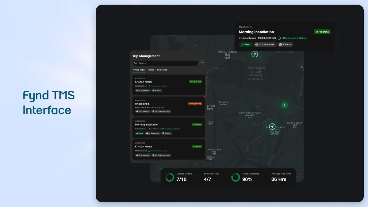 Fynd transport management system interface showing Rapid store onboarding - new locations live within hoursConsistent service quality maintained during aggressive expansionAutomated capacity management during peak demand periodsFuture-ready architecture supporting continued growth