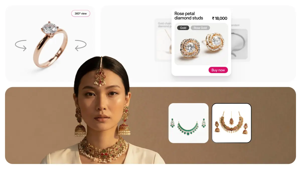 A model wearing traditional jewelry alongside UI cards showing 3D product views.