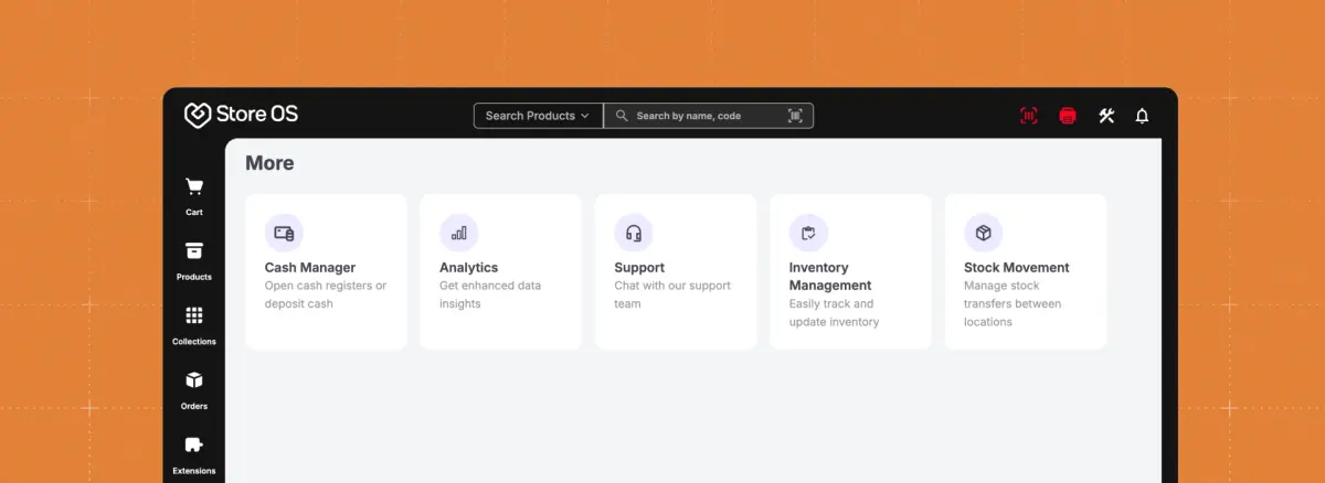 Store OS interface featuring modules like cash manager, analytics, support, inventory management and stock movement.