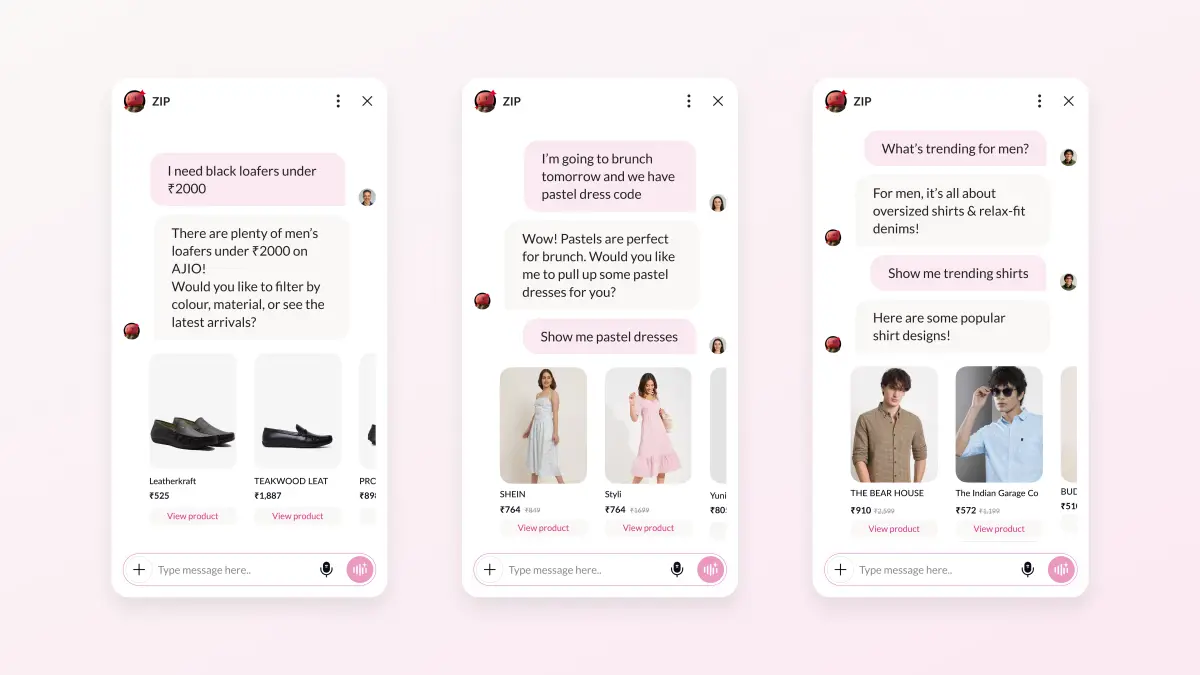 An image showing Fynd Zip helping with searching products with recommendation and intelligent shopping experience 