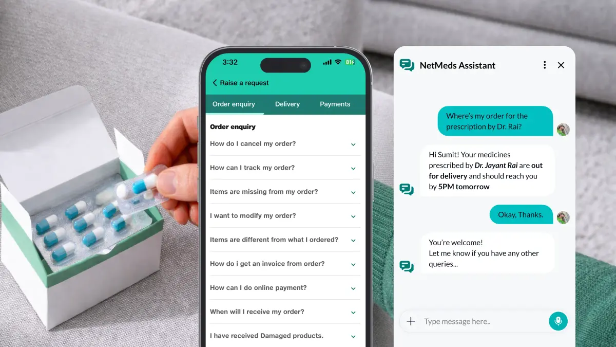 Image showing NetMeds Assistant answering a real-time order tracking query on the Netmeds app