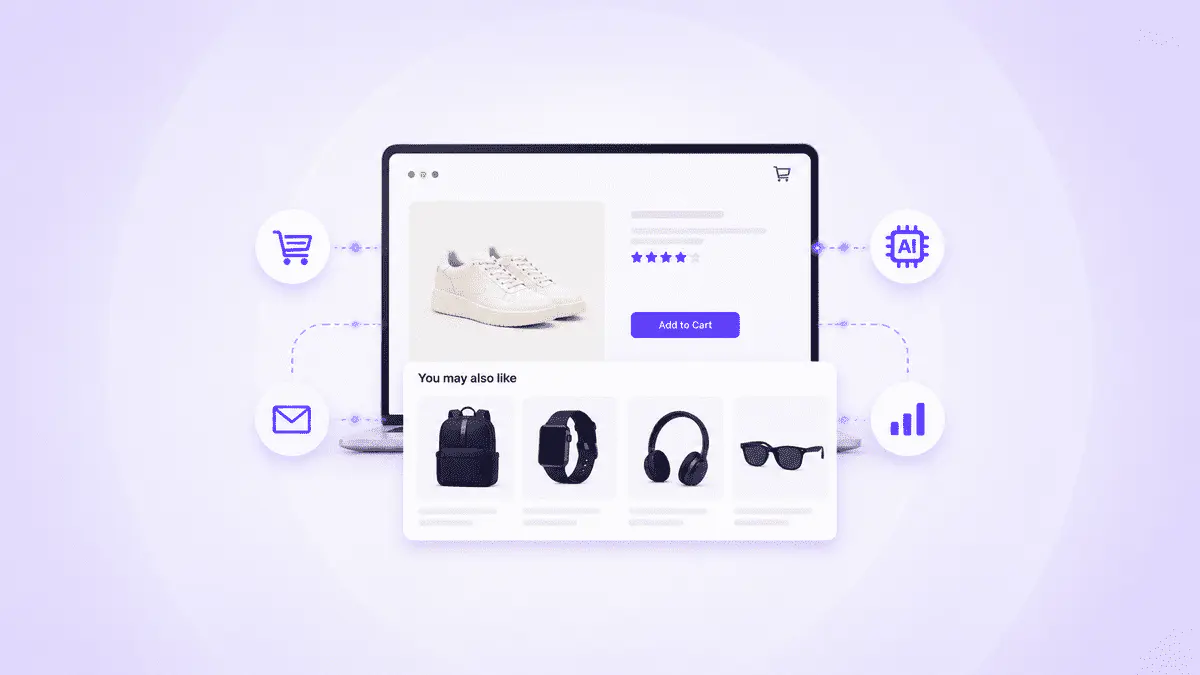 AI-powered ecommerce product recommendation interface showing personalized product suggestions, cross-sell recommendations and smart merchandising on an online storefront.