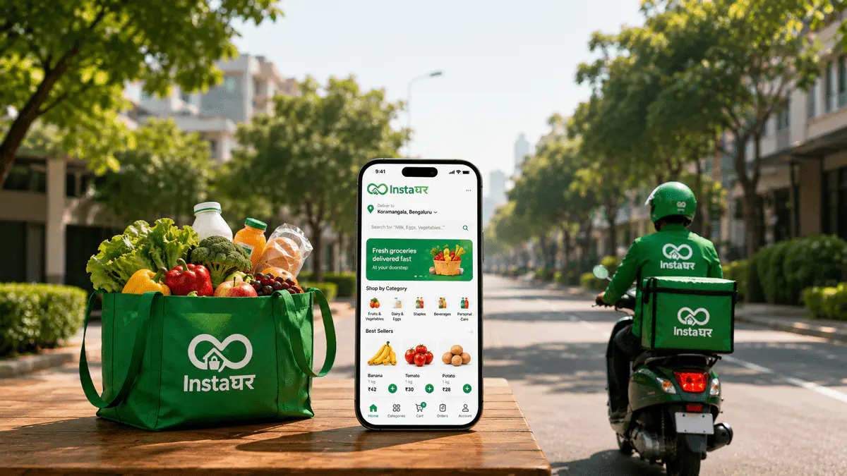 Hyperlocal grocery delivery app showing fresh groceries, mobile ordering, and last-mile delivery rider for fast neighborhood deliveries.