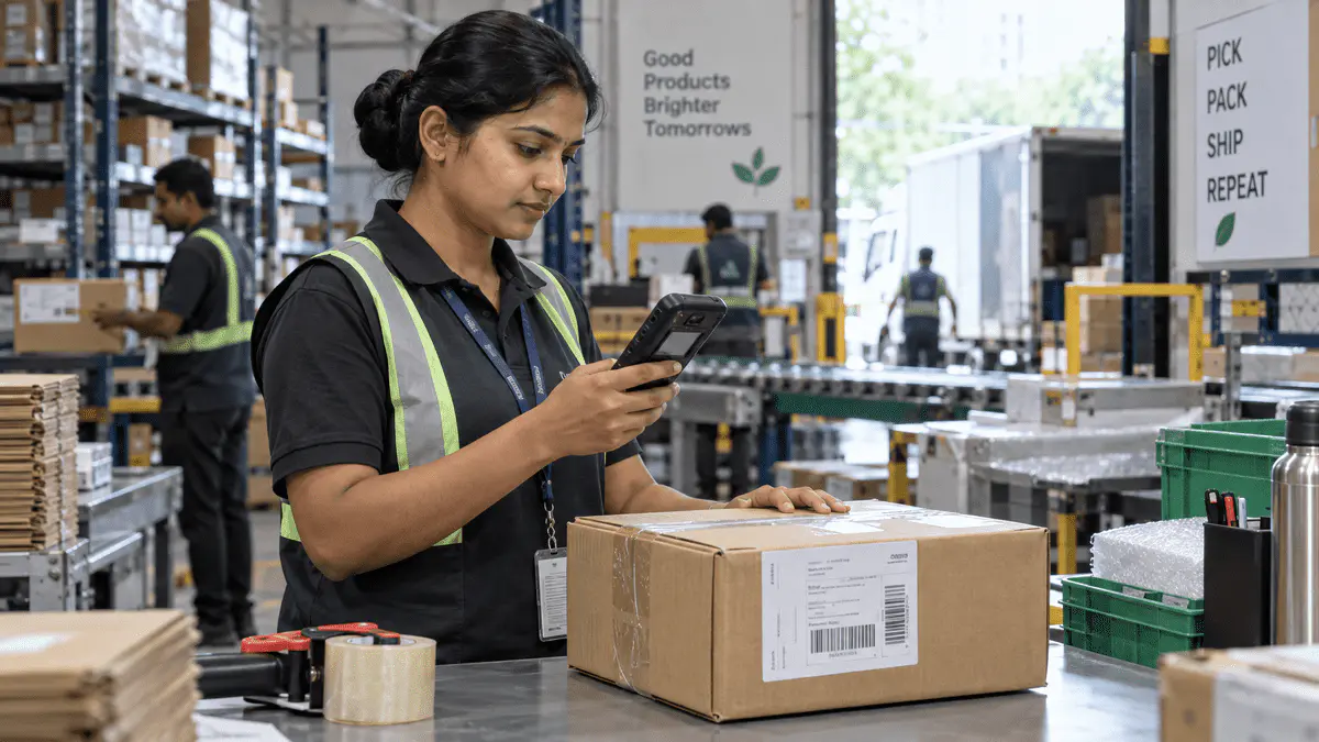Logistics operator checking a handheld device beside a carefully packed ecommerce parcel