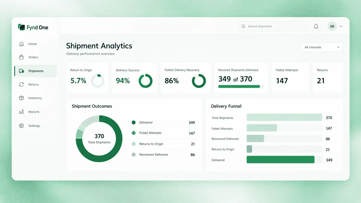 Delivery performance report showing return-to-origin, delivery success, and recovered failed deliveries
