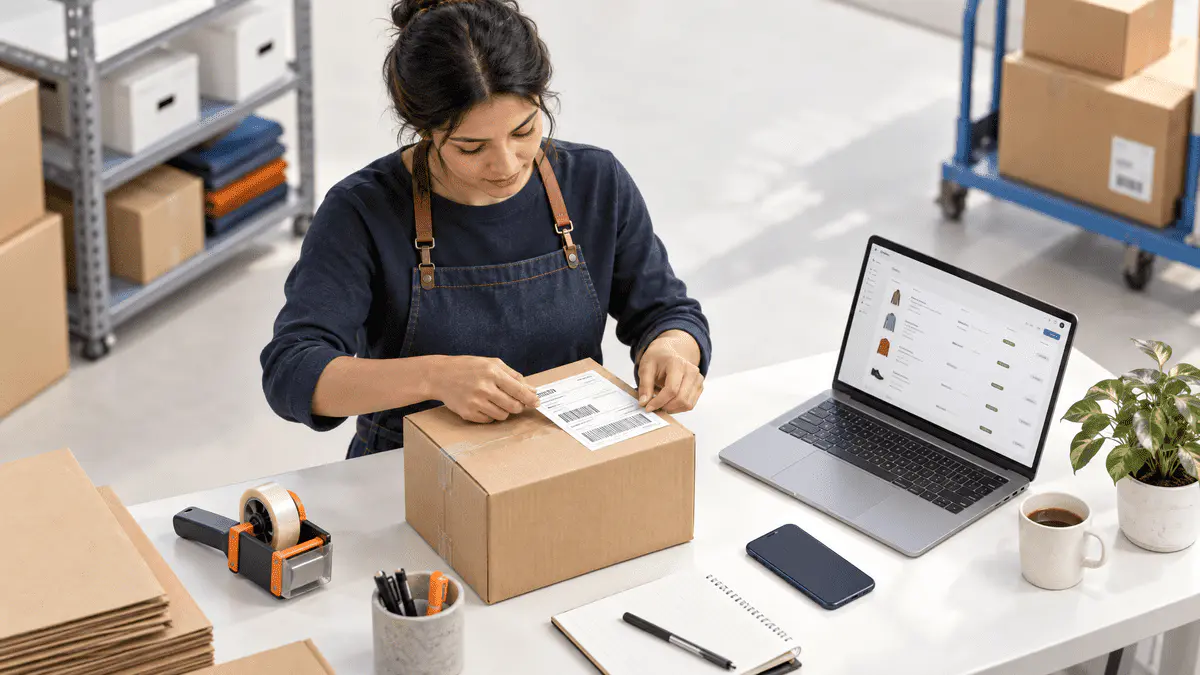 An operator attaching a shipping label to a parcel beside a laptop for streamlined ecommerce fulfillment