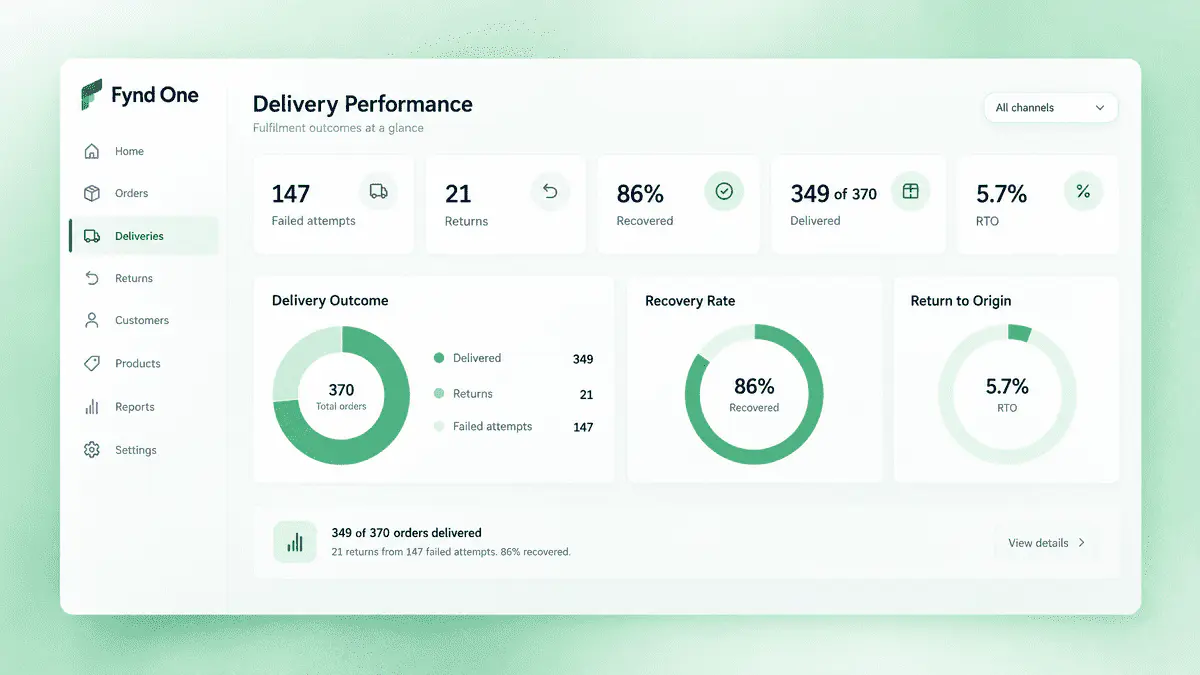 A delivery performance report showing recovered failed deliveries and low return-to-origin results