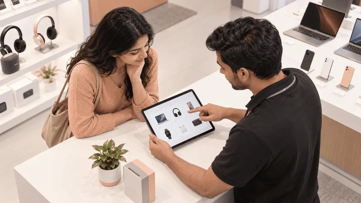 A local electronics retailer helps a customer browse products on a digital tablet in a store.