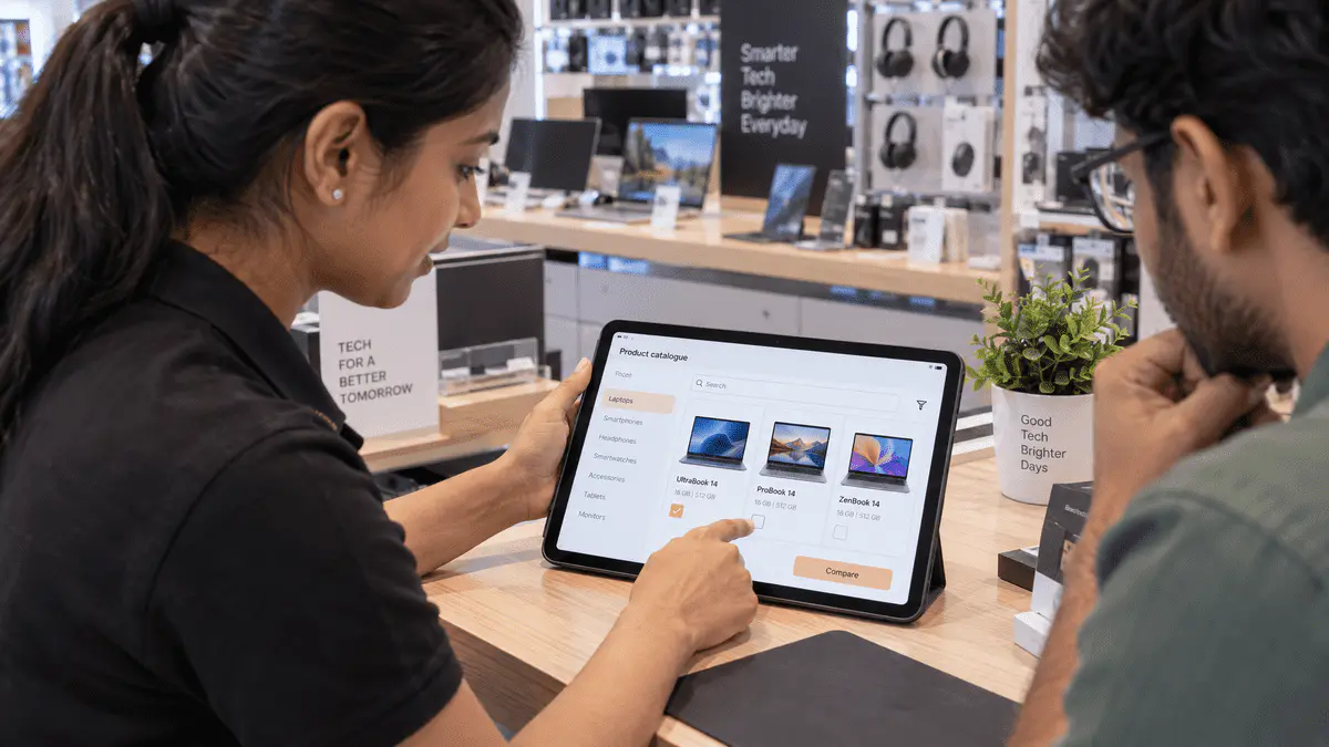 A retail associate uses a tablet to search and compare products for a customer.