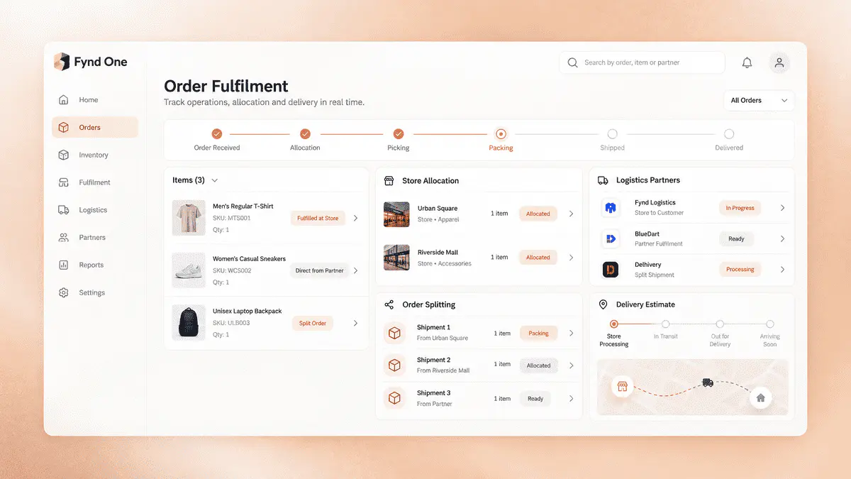 A fulfilment operations interface shows delivery estimates, allocation and order splitting.